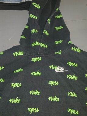 Nike Black Hoodie with Neon Green Logo Pattern